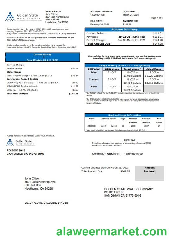 USA California Golden State Water Company utility bill template in .doc and .pdf format